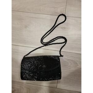 Geromes Black Beaded Evening Purse Bag VINTAGE Hong Kong Drap strap Draped 20"